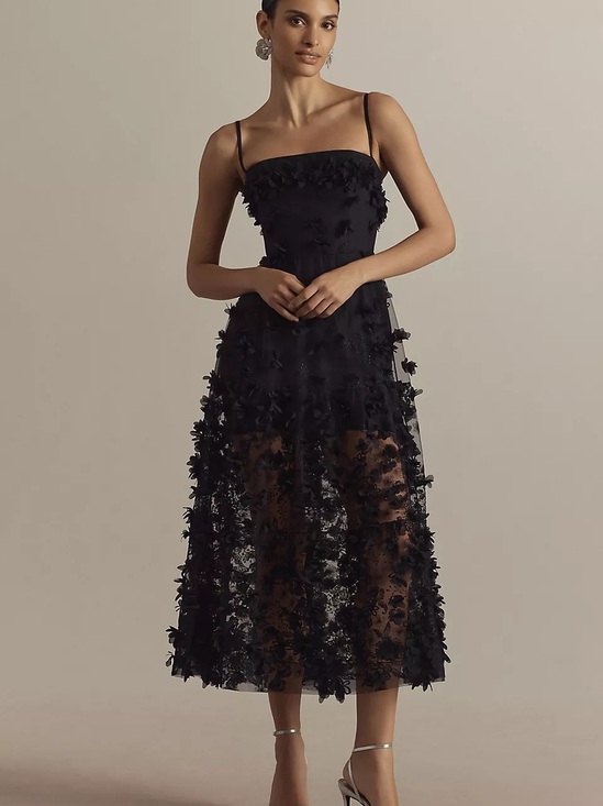 Helsi Dresses & Skirts - Helsi Audrey Square-Neck Floral Applique Midi Dress in Black Size XS Preloved